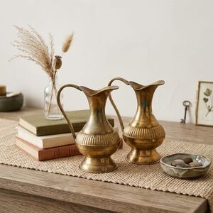 Vintage Etched Brass Miniature Pitchers - Pair (Made in India)